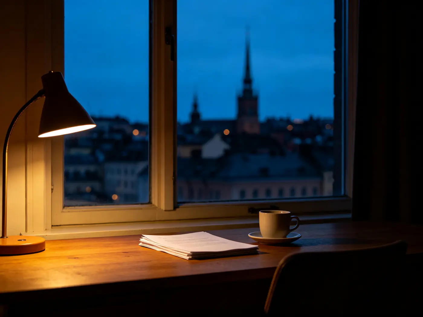 Ett skrivbord vid ett fönster i blå gryning, med Stockholms tak utanför.